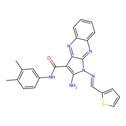 (E)-2-amino-N-(3,4-dimethylphenyl)-1-((thiophen-2-ylmethylene)amino)-1H-pyrrolo[2,3-b]quinoxaline-3-carboxamide structure