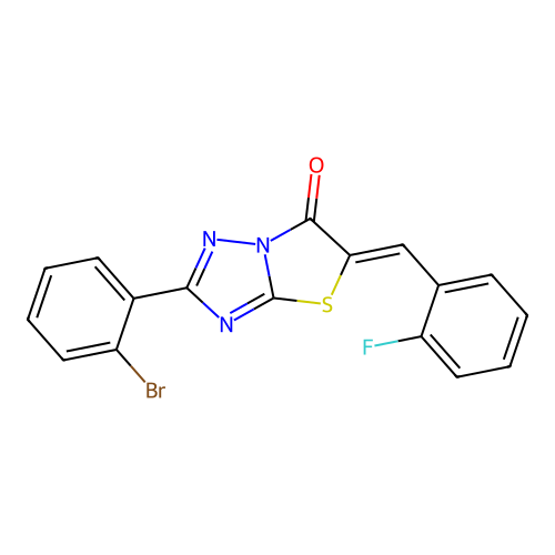 (Z)-2-(2-bromophenyl)-5-(2-fluorobenzylidene)thiazolo[3,2-b][1,2,4]triazol-6(5H)-one structure