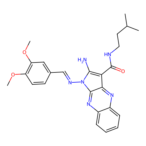 (E)-2-amino-1-((3,4-dimethoxybenzylidene)amino)-N-isopentyl-1H-pyrrolo[2,3-b]quinoxaline-3-carboxamide structure