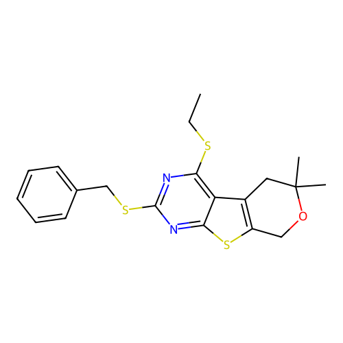 2-(benzylsulfanyl)-4-(ethylsulfanyl)-6,6-dimethyl-5,8-dihydro-6H-pyrano[4',3':4,5]thieno[2,3-d]pyrimidine structure