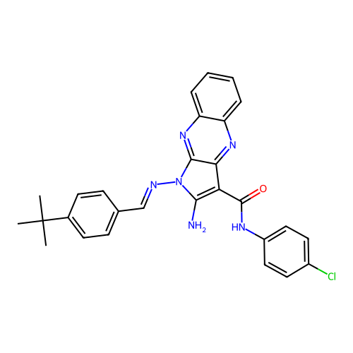 (E)-2-amino-1-((4-(tert-butyl)benzylidene)amino)-N-(4-chlorophenyl)-1H-pyrrolo[2,3-b]quinoxaline-3-carboxamide structure