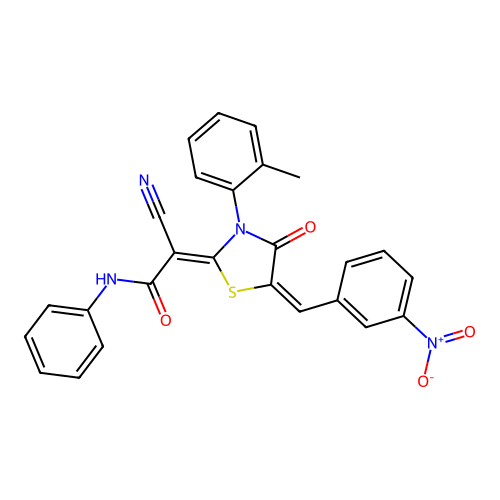 (2Z)-2-cyano-2-[(5E)-3-(2-methylphenyl)-5-(3-nitrobenzylidene)-4-oxo-1,3-thiazolidin-2-ylidene]-N-phenylethanamide structure