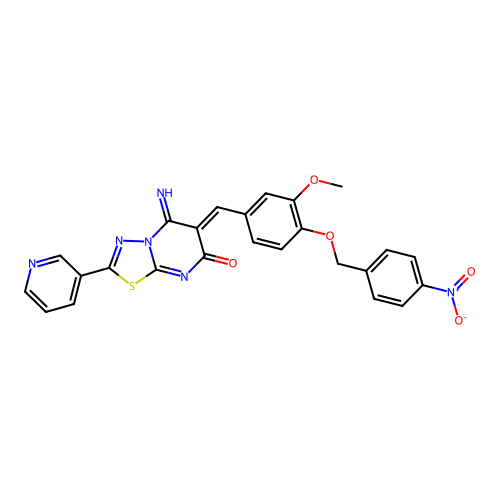 (6Z)-5-imino-6-[[3-methoxy-4-[(4-nitrophenyl)methoxy]phenyl]methylidene]-2-pyridin-3-yl-[1,3,4]thiadiazolo[3,2-a]pyrimidin-7-one structure