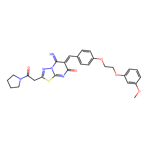 (6Z)-5-imino-6-[[4-[2-(3-methoxyphenoxy)ethoxy]phenyl]methylidene]-2-(2-oxo-2-pyrrolidin-1-ylethyl)-[1,3,4]thiadiazolo[3,2-a]pyrimidin-7-one structure