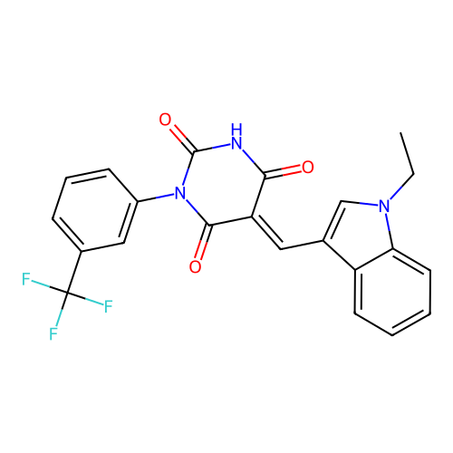 (5E)-5-[(1-ethyl-1H-indol-3-yl)methylidene]-6-hydroxy-3-[3-(trifluoromethyl)phenyl]pyrimidine-2,4(3H,5H)-dione structure