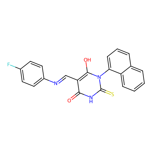 5-[(4-fluoroanilino)methylidene]-1-naphthalen-1-yl-2-sulfanylidene-1,3-diazinane-4,6-dione structure