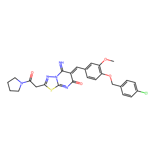(6Z)-6-[[4-[(4-chlorophenyl)methoxy]-3-methoxyphenyl]methylidene]-5-imino-2-(2-oxo-2-pyrrolidin-1-ylethyl)-[1,3,4]thiadiazolo[3,2-a]pyrimidin-7-one structure