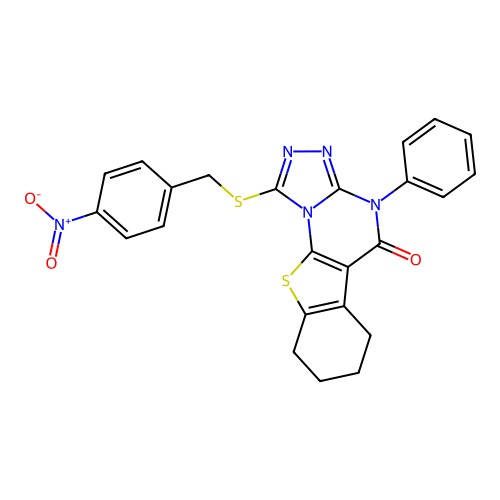 1-((4-nitrobenzyl)thio)-4-phenyl-6,7,8,9-tetrahydrobenzo[4,5]thieno[3,2-e][1,2,4]triazolo[4,3-a]pyrimidin-5(4H)-one structure