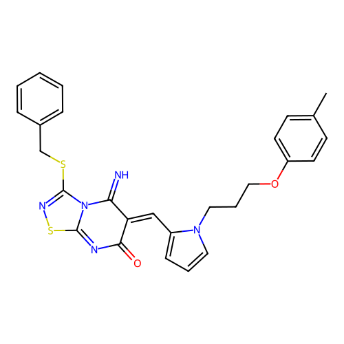 (6Z)-3-(benzylsulfanyl)-5-imino-6-({1-[3-(4-methylphenoxy)propyl]-1H-pyrrol-2-yl}methylidene)-5,6-dihydro-7H-[1,2,4]thiadiazolo[4,5-a]pyrimidin-7-one structure