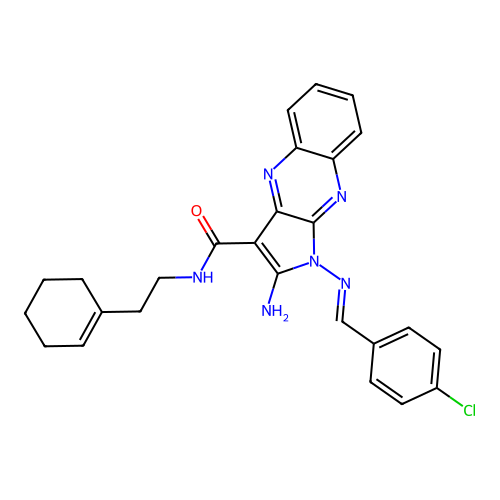 (E)-2-amino-1-((4-chlorobenzylidene)amino)-N-(2-(cyclohex-1-en-1-yl)ethyl)-1H-pyrrolo[2,3-b]quinoxaline-3-carboxamide structure