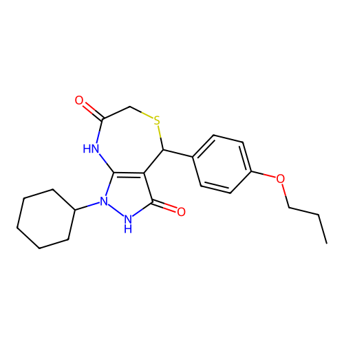 1-cyclohexyl-4-(4-propoxyphenyl)-4,8-dihydro-2H-pyrazolo[3,4-e][1,4]thiazepine-3,7-dione structure