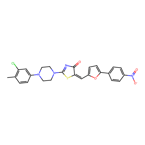 (5E)-2-[4-(3-chloro-4-methylphenyl)piperazin-1-yl]-5-[[5-(4-nitrophenyl)furan-2-yl]methylidene]-1,3-thiazol-4-one structure