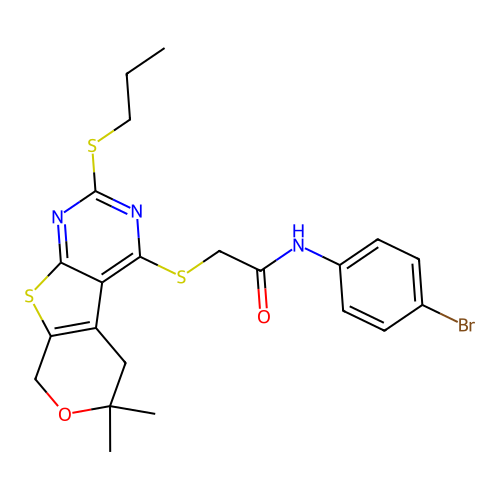 N-(4-bromophenyl)-2-((6,6-dimethyl-2-(propylthio)-6,8-dihydro-5H-pyrano[4',3':4,5]thieno[2,3-d]pyrimidin-4-yl)thio)acetamide structure