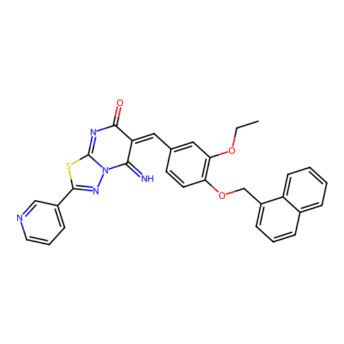 (E)-6-(3-ethoxy-4-(naphthalen-1-ylmethoxy)benzylidene)-5-imino-2-(pyridin-3-yl)-5H-[1,3,4]thiadiazolo[3,2-a]pyrimidin-7(6H)-one structure