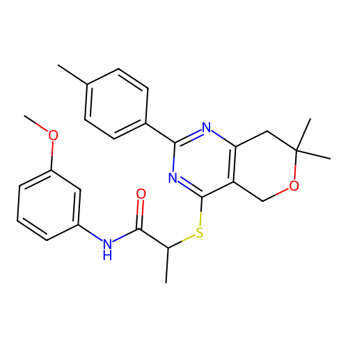2-((7,7-dimethyl-2-(p-tolyl)-7,8-dihydro-5H-pyrano[4,3-d]pyrimidin-4-yl)thio)-N-(3-methoxyphenyl)propanamide structure