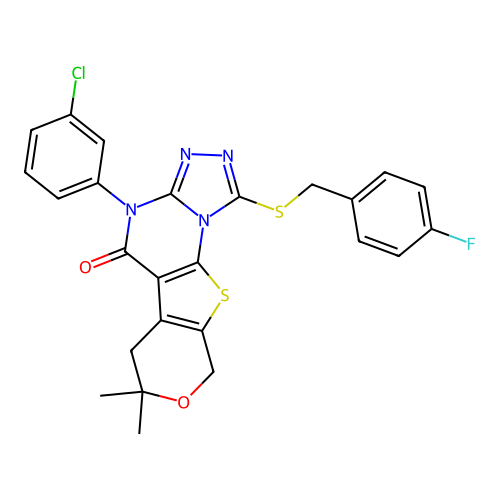 4-(3-chlorophenyl)-1-((4-fluorobenzyl)thio)-7,7-dimethyl-6,7-dihydro-4H-pyrano[4',3':4,5]thieno[3,2-e][1,2,4]triazolo[4,3-a]pyrimidin-5(9H)-one structure