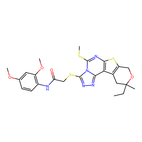 N-(2,4-dimethoxyphenyl)-2-((10-ethyl-10-methyl-5-(methylthio)-10,11-dihydro-8H-pyrano[4',3':4,5]thieno[3,2-e][1,2,4]triazolo[4,3-c]pyrimidin-3-yl)thio)acetamide structure