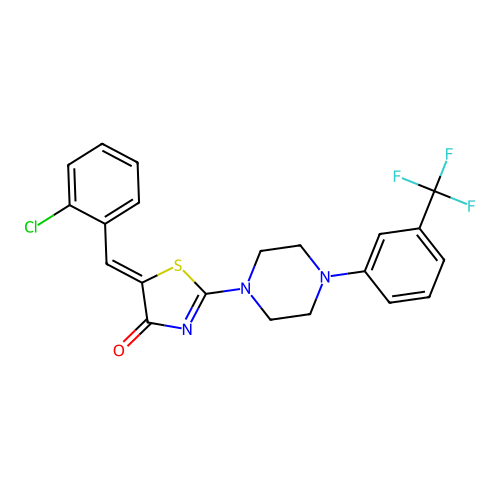(5Z)-5-(2-chlorobenzylidene)-2-{4-[3-(trifluoromethyl)phenyl]piperazin-1-yl}-1,3-thiazol-4(5H)-one structure