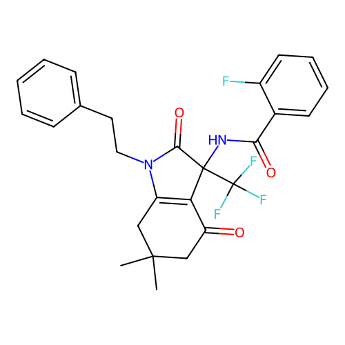 N-[6,6-dimethyl-2,4-dioxo-1-(2-phenylethyl)-3-(trifluoromethyl)-2,3,4,5,6,7-hexahydro-1H-indol-3-yl]-2-fluorobenzamide structure