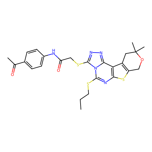 N-(4-acetylphenyl)-2-((10,10-dimethyl-5-(propylthio)-10,11-dihydro-8H-pyrano[4',3':4,5]thieno[3,2-e][1,2,4]triazolo[4,3-c]pyrimidin-3-yl)thio)acetamide structure