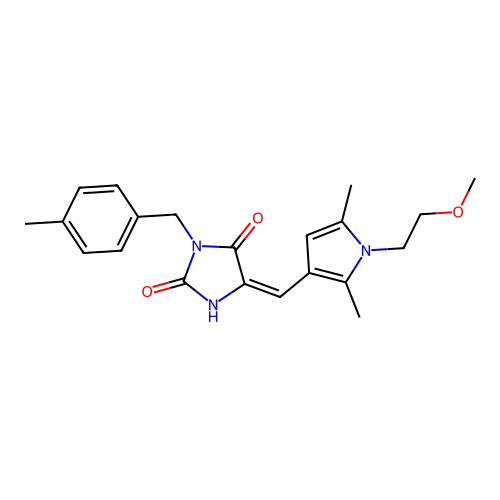 (5E)-2-hydroxy-5-{[1-(2-methoxyethyl)-2,5-dimethyl-1H-pyrrol-3-yl]methylidene}-3-(4-methylbenzyl)-3,5-dihydro-4H-imidazol-4-one structure