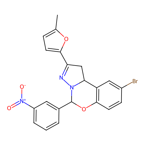2-bromo-9-(5-methyl(2-furyl))-6-(3-nitrophenyl)-6H,10aH-benzo[e]2-pyrazolino[1 ,5-c]1,3-oxazine structure