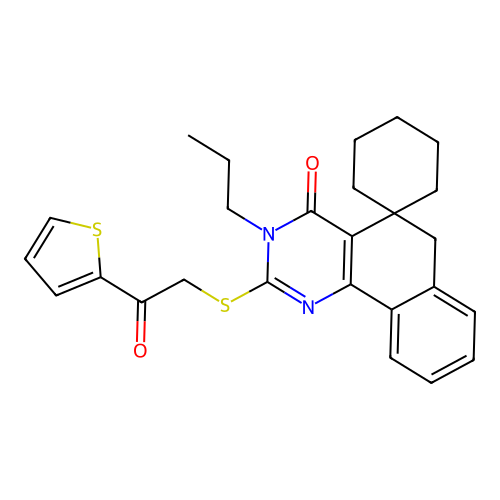 2-((2-oxo-2-(thiophen-2-yl)ethyl)thio)-3-propyl-3H-spiro[benzo[h]quinazoline-5,1'-cyclohexan]-4(6H)-one structure