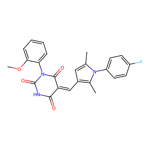 (5Z)-5-[[1-(4-fluorophenyl)-2,5-dimethylpyrrol-3-yl]methylidene]-1-(2-methoxyphenyl)-1,3-diazinane-2,4,6-trione structure