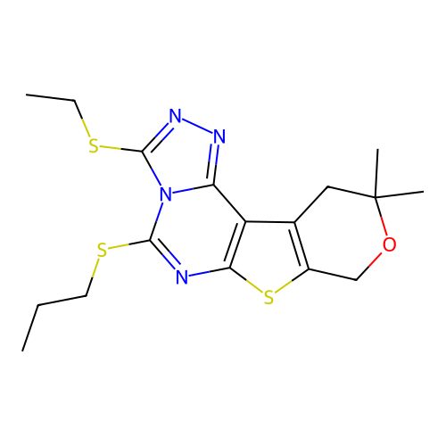 3-(ethylsulfanyl)-10,10-dimethyl-5-(propylsulfanyl)-10,11-dihydro-8H-pyrano[4',3':4,5]thieno[3,2-e][1,2,4]triazolo[4,3-c]pyrimidine structure