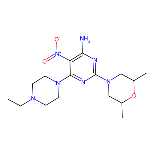 2-(2,6-dimethylmorpholin-4-yl)-6-(4-ethylpiperazin-1-yl)-5-nitropyrimidin-4-amine structure