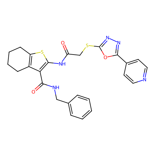 N-benzyl-2-(2-((5-(pyridin-4-yl)-1,3,4-oxadiazol-2-yl)thio)acetamido)-4,5,6,7-tetrahydrobenzo[b]thiophene-3-carboxamide structure