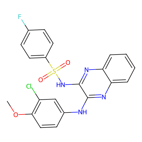 N-(3-((3-chloro-4-methoxyphenyl)amino)quinoxalin-2-yl)-4-fluorobenzenesulfonamide structure