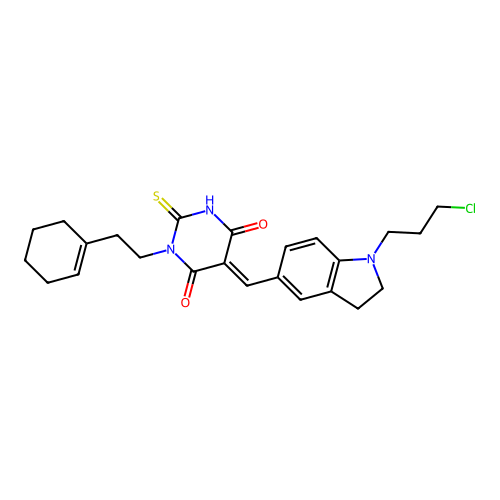 (5E)-5-[[1-(3-chloropropyl)-2,3-dihydroindol-5-yl]methylidene]-1-[2-(cyclohexen-1-yl)ethyl]-2-sulfanylidene-1,3-diazinane-4,6-dione structure