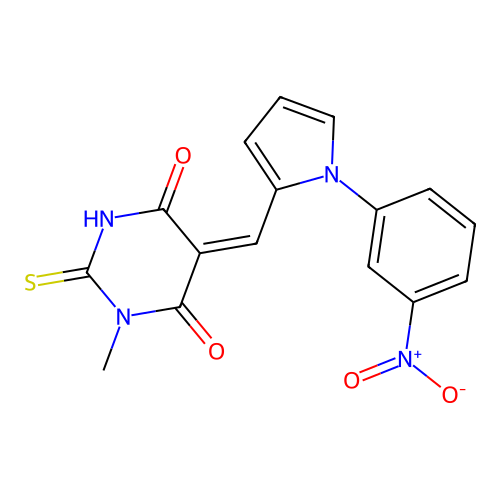 (5E)-1-methyl-5-{[1-(3-nitrophenyl)-1H-pyrrol-2-yl]methylidene}-2-thioxodihydropyrimidine-4,6(1H,5H)-dione structure