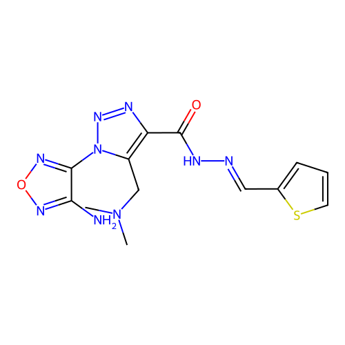 (E)-1-(4-amino-1,2,5-oxadiazol-3-yl)-5-((dimethylamino)methyl)-N'-(thiophen-2-ylmethylene)-1H-1,2,3-triazole-4-carbohydrazide structure