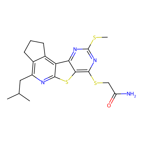 2-((4-isobutyl-9-(methylthio)-2,3-dihydro-1H-cyclopenta[4',5']pyrido[3',2':4,5]thieno[3,2-d]pyrimidin-7-yl)thio)acetamide structure