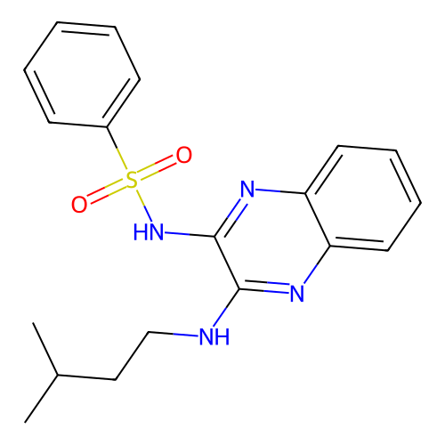 N-[(2Z)-3-[(3-methylbutyl)amino]quinoxalin-2(1H)-ylidene]benzenesulfonamide structure