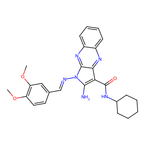 (E)-2-amino-N-cyclohexyl-1-((3,4-dimethoxybenzylidene)amino)-1H-pyrrolo[2,3-b]quinoxaline-3-carboxamide structure