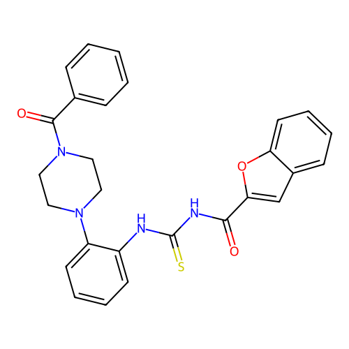 N-({2-[4-(phenylcarbonyl)piperazin-1-yl]phenyl}carbamothioyl)-1-benzofuran-2-carboxamide structure