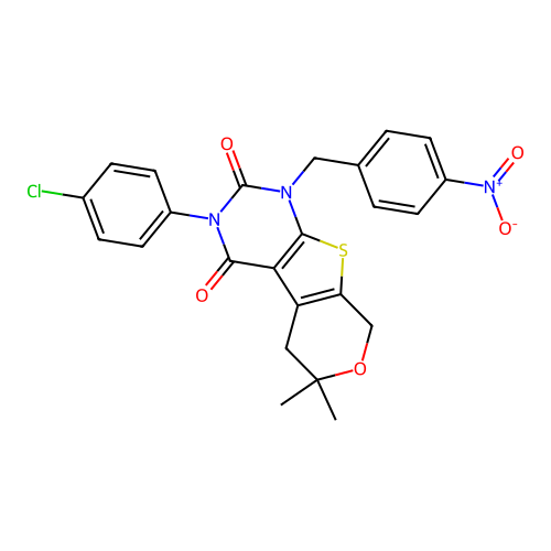 3-(4-chlorophenyl)-6,6-dimethyl-1-(4-nitrobenzyl)-1,5,6,8-tetrahydro-2H-pyrano[4',3':4,5]thieno[2,3-d]pyrimidine-2,4(3H)-dione structure