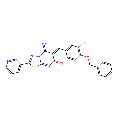 (6Z)-6-[(3-chloro-4-phenylmethoxyphenyl)methylidene]-5-imino-2-pyridin-3-yl-[1,3,4]thiadiazolo[3,2-a]pyrimidin-7-one structure