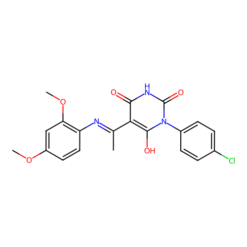 (Z)-1-(4-chlorophenyl)-5-(1-((2,4-dimethoxyphenyl)amino)ethylidene)pyrimidine-2,4,6(1H,3H,5H)-trione structure