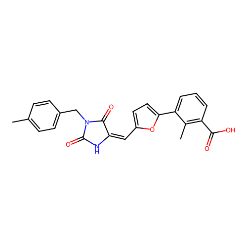 (E)-2-methyl-3-(5-((1-(4-methylbenzyl)-2,5-dioxoimidazolidin-4-ylidene)methyl)furan-2-yl)benzoic acid structure