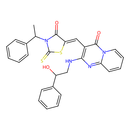2-[(2-hydroxy-2-phenylethyl)amino]-3-{(Z)-[4-oxo-3-(1-phenylethyl)-2-thioxo-1,3-thiazolidin-5-ylidene]methyl}-4H-pyrido[1,2-a]pyrimidin-4-one structure