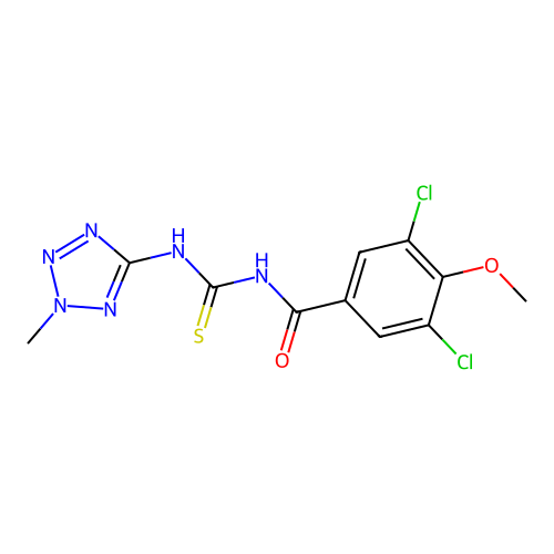 3,5-dichloro-4-methoxy-N-((2-methyl-2H-tetrazol-5-yl)carbamothioyl)benzamide structure