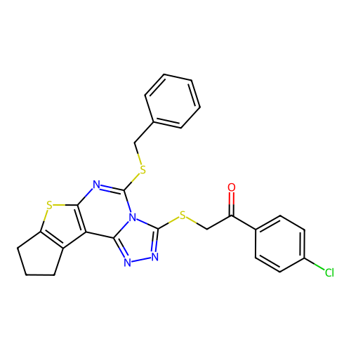 2-((5-(benzylthio)-9,10-dihydro-8H-cyclopenta[4,5]thieno[3,2-e][1,2,4]triazolo[4,3-c]pyrimidin-3-yl)thio)-1-(4-chlorophenyl)ethanone structure