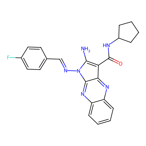 (E)-2-amino-N-cyclopentyl-1-((4-fluorobenzylidene)amino)-1H-pyrrolo[2,3-b]quinoxaline-3-carboxamide structure