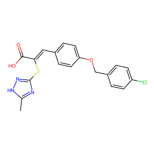 (2Z)-3-{4-[(4-chlorobenzyl)oxy]phenyl}-2-[(3-methyl-1H-1,2,4-triazol-4-ium-5-yl)sulfanyl]prop-2-enoate structure