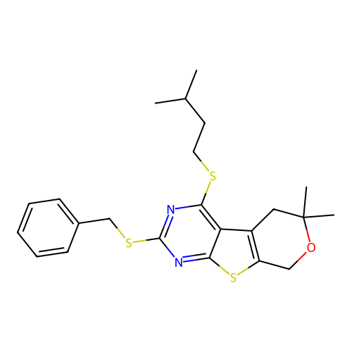 2-(benzylsulfanyl)-6,6-dimethyl-4-[(3-methylbutyl)sulfanyl]-5,8-dihydro-6H-pyrano[4',3':4,5]thieno[2,3-d]pyrimidine structure
