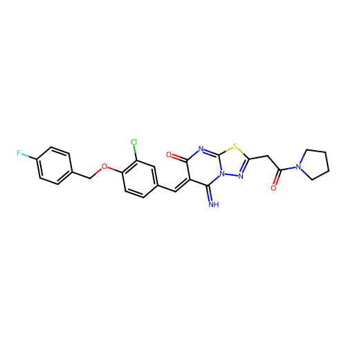 (6Z)-6-[[3-chloro-4-[(4-fluorophenyl)methoxy]phenyl]methylidene]-5-imino-2-(2-oxo-2-pyrrolidin-1-ylethyl)-[1,3,4]thiadiazolo[3,2-a]pyrimidin-7-one structure